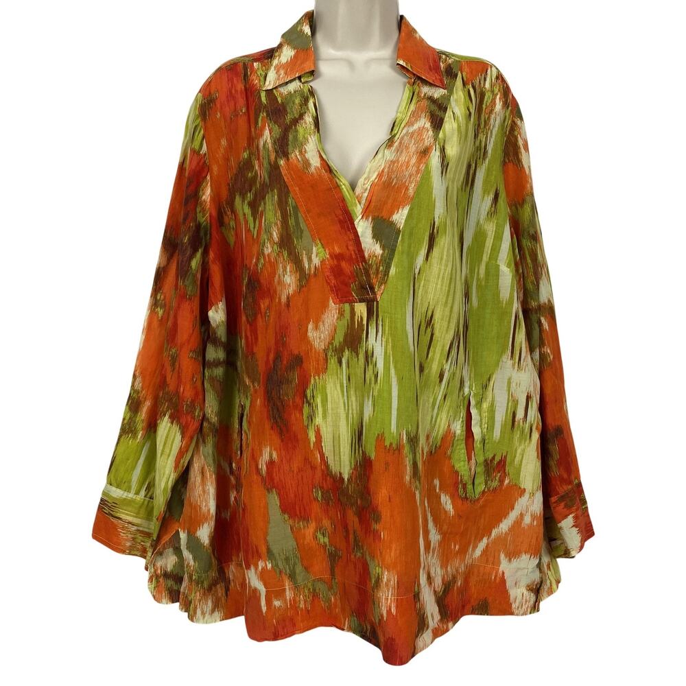 Talbots Top Womens 18W Orange Lime Green Tunic Silk Blend‎ Pockets Flowy Artsy